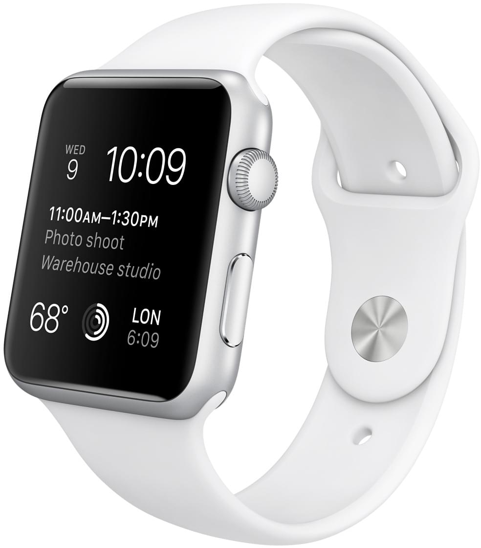 Apple Watch Sport, корпус 42 мм из серебристого алюминия, белый спортивный ремешок