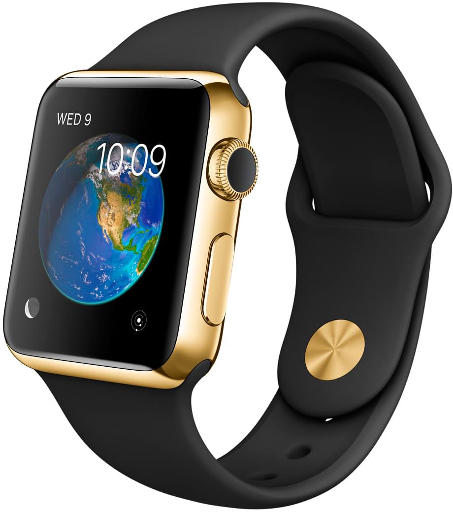 Apple Watch Edition, корпус 38 мм из 18-каратного жёлтого золота, чёрный спортивный ремешок
