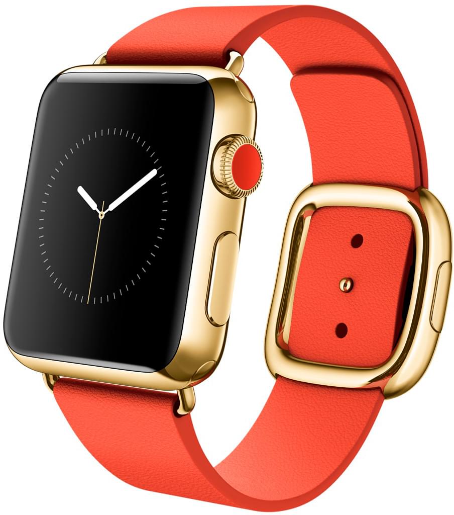 Apple Watch Edition, корпус 38 мм из 18-каратного жёлтого золота, ярко-красный ремешок с современной пряжкой