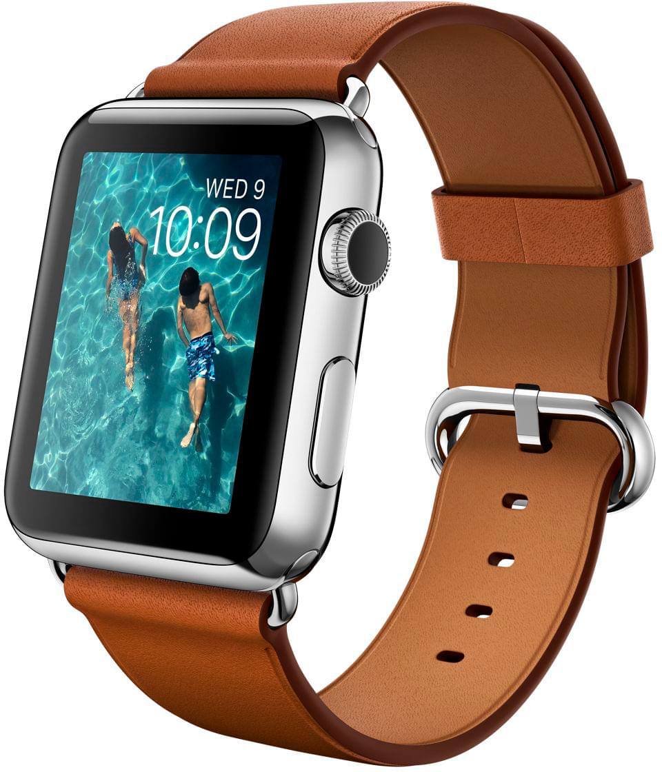 Apple Watch, корпус 42 мм из нержавеющей стали, коричневый ремешок с классической пряжкой