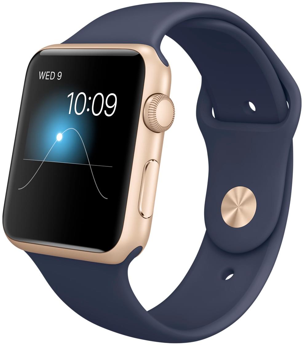 Apple Watch Sport, корпус 42 мм из золотистого алюминия, тёмно-синий спортивный ремешок