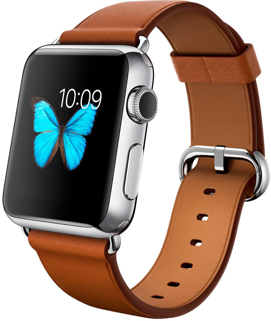 Apple Watch, корпус 38 мм из нержавеющей стали, коричневый ремешок с классической пряжкой