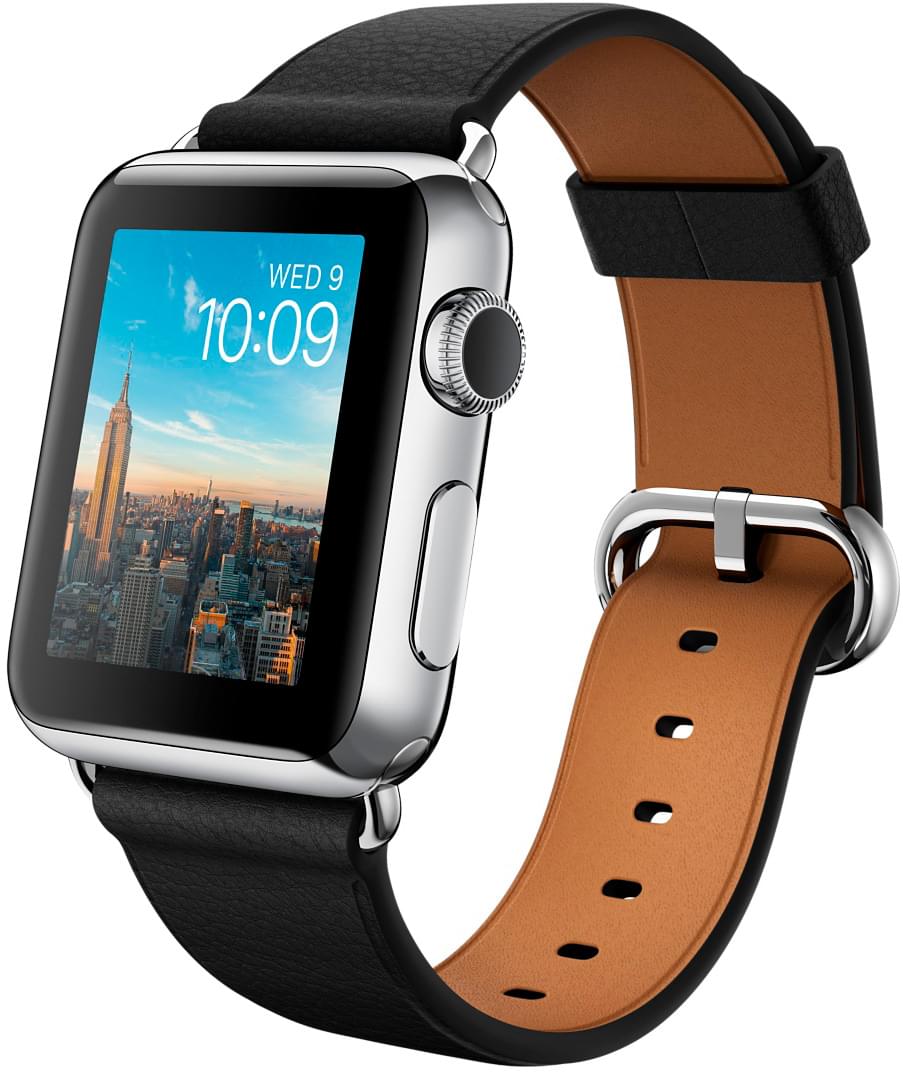 Apple Watch, корпус 38 мм из нержавеющей стали, чёрный ремешок с классической пряжкой