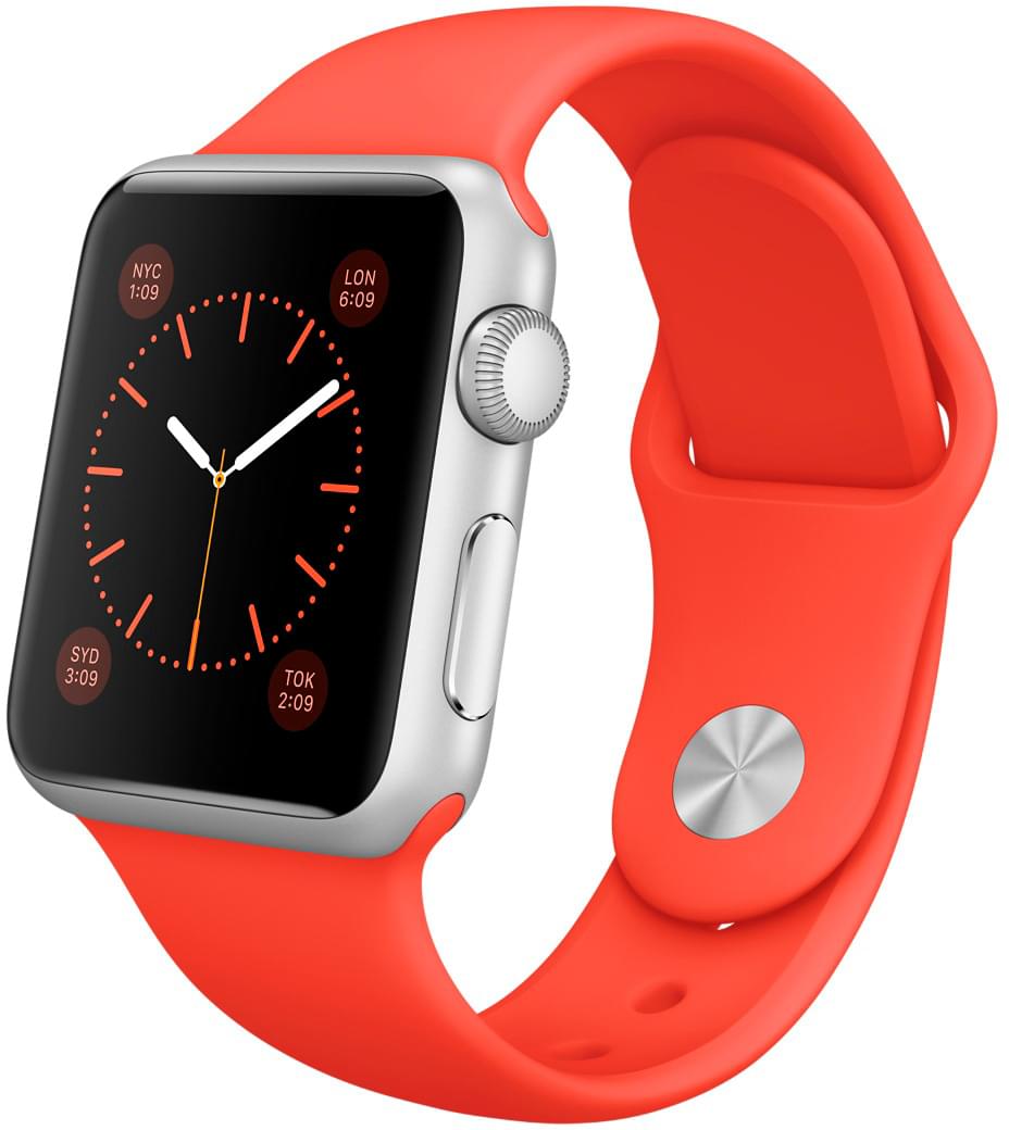 Apple Watch Sport, корпус 38 мм из серебристого алюминия, оранжевый спортивный ремешок